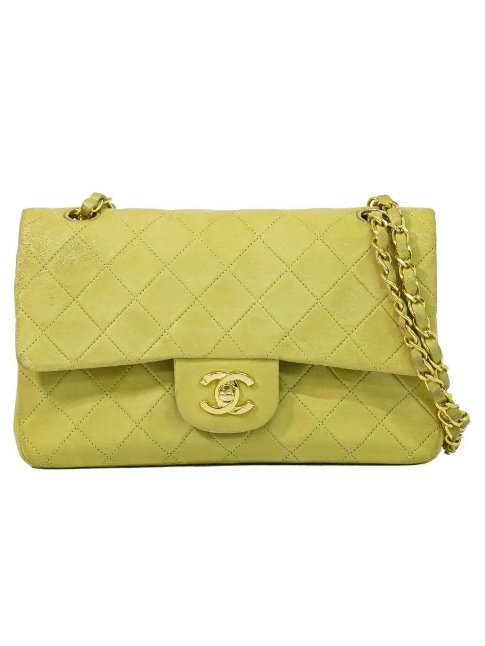 Chanel CC Logo Quilted 23 Double Flap Chain Shoulder Bag Lambskin Leather Green